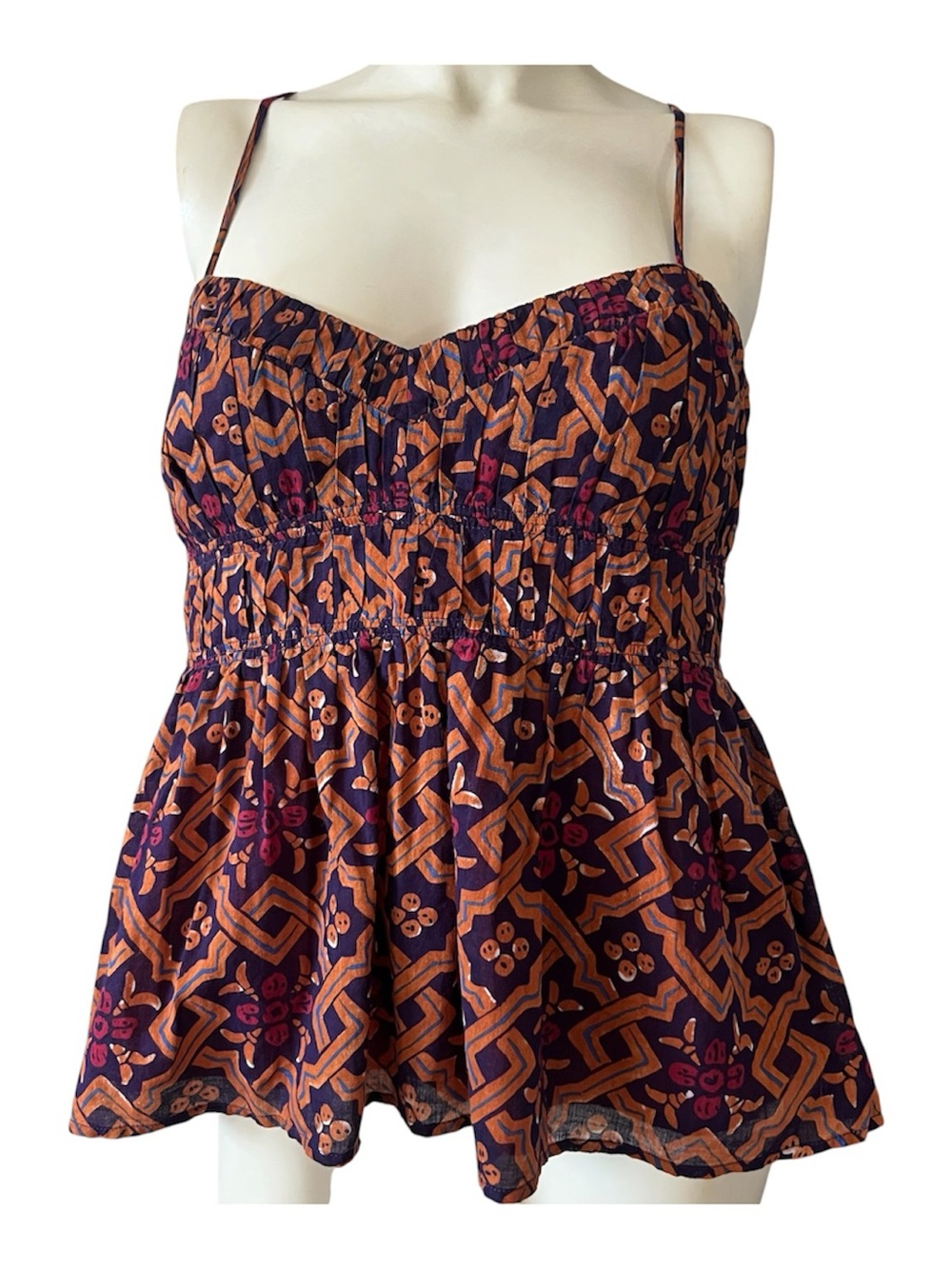 Tocca Spaghetti-Strap Smocked Peplum Camisole Rust & Berry Print Zip Size 6